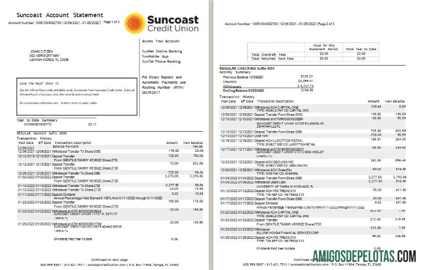 Extrato bancário realista dos EUA Suncoast modelo Word e PDF, 3 páginas